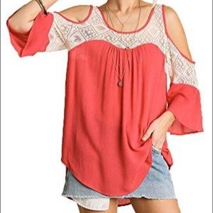 Coral Umgee Cold Shoulder Top with Lace